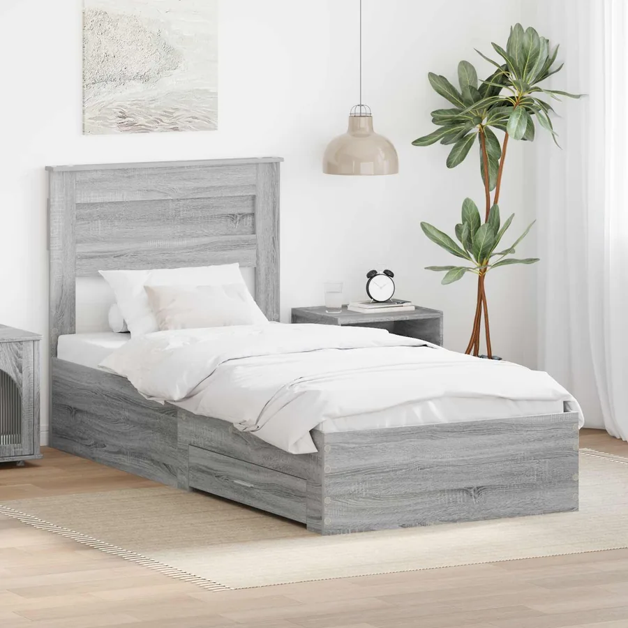 Cadre de lit avec tiroir Sonoma Gris et Argent 75 x 190 cm