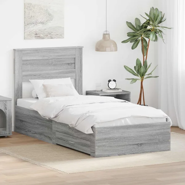 Cadre de lit avec tiroir Sonoma Gris et Argent 75 x 190 cm