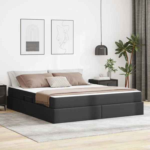 Lit avec rangement et matelas avec matelas 2 pcs Noir Cuir