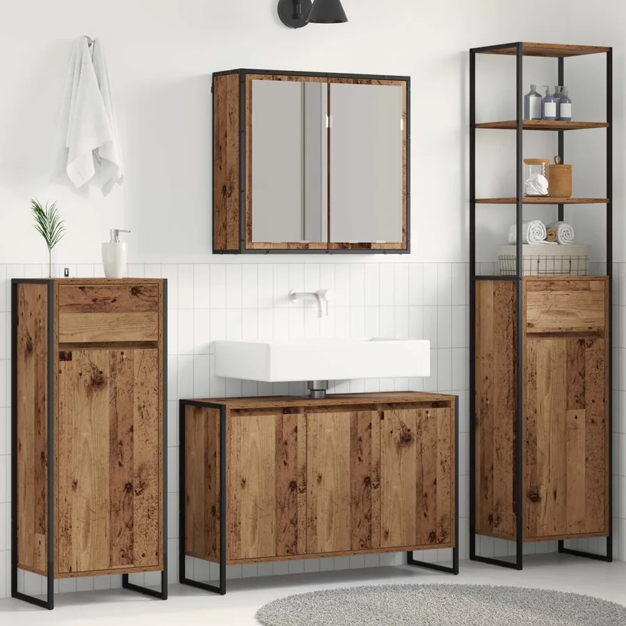 Ensemble de mobilier de salle de bain avec tiroir Bois ancien