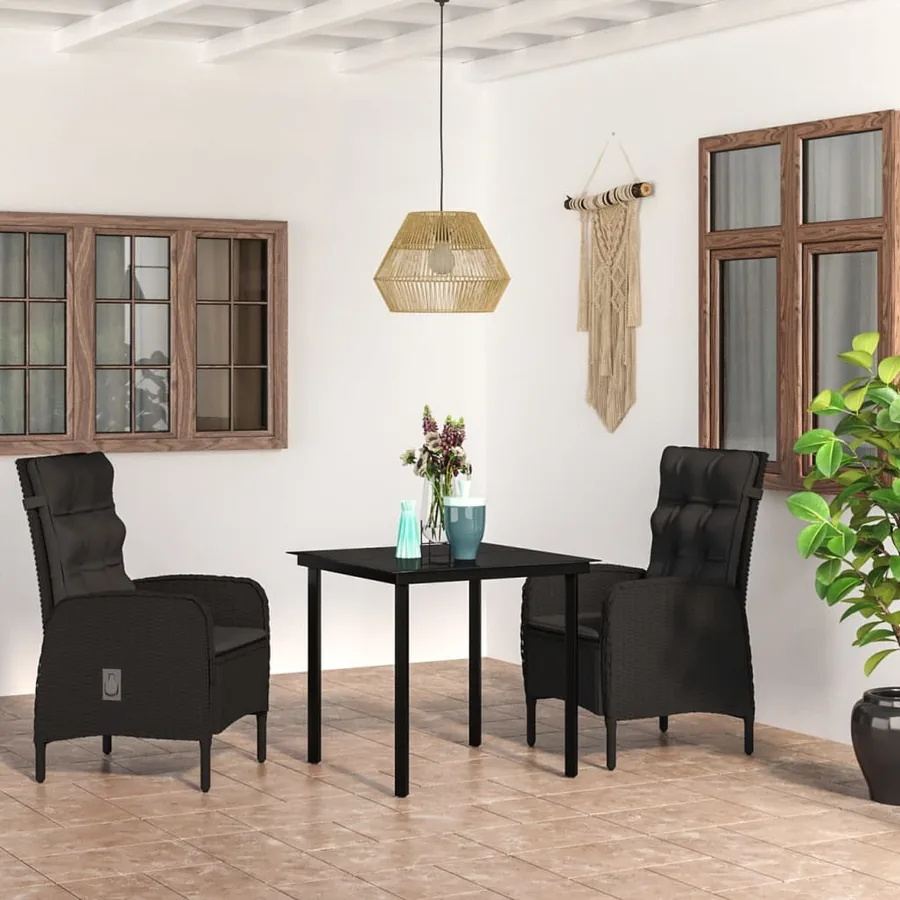 Ensemble à manger de jardin avec coussins 3 pcs noir