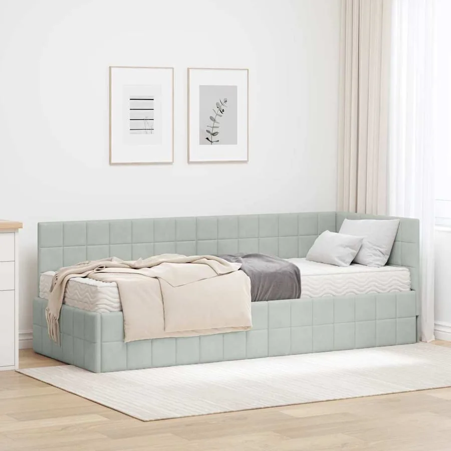 Cadre de lit d'angle avec matelas 2 pcs Gris clair Velours