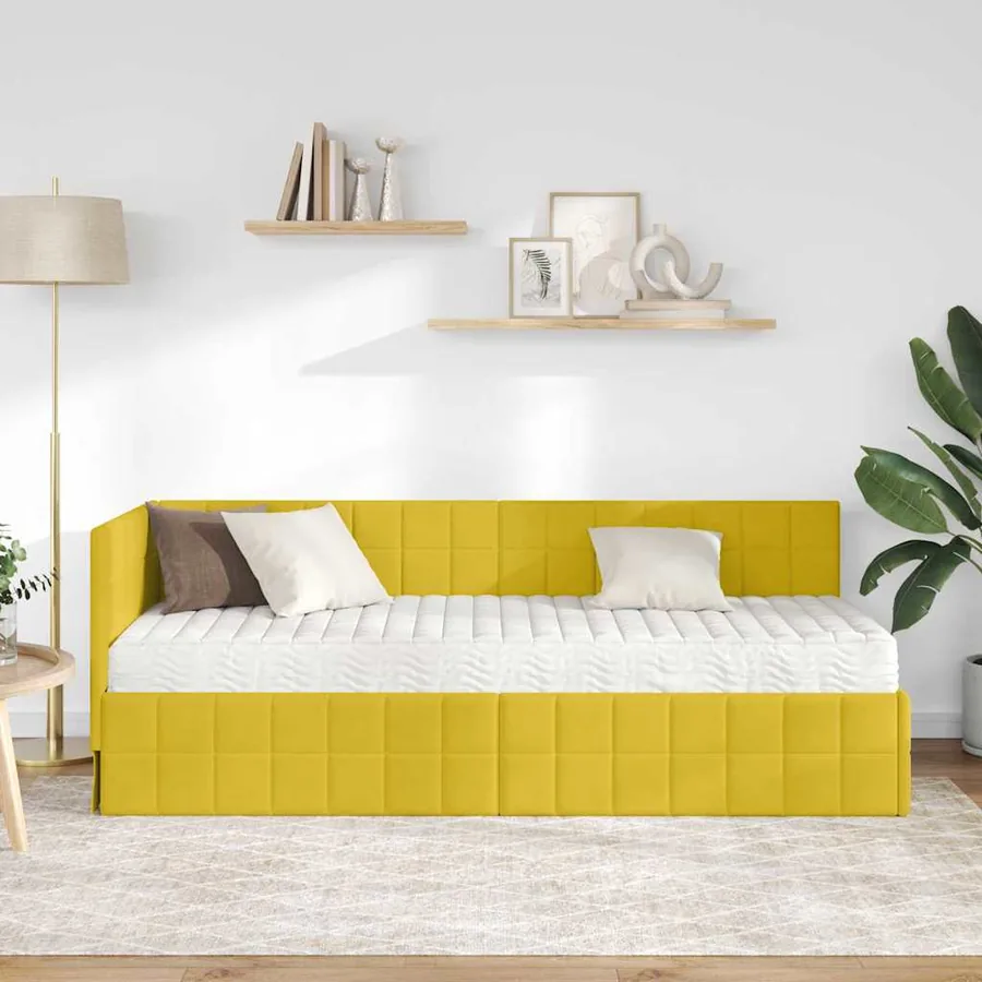 Cadre de lit d'angle avec matelas 2 pcs Jaune Velours - 3