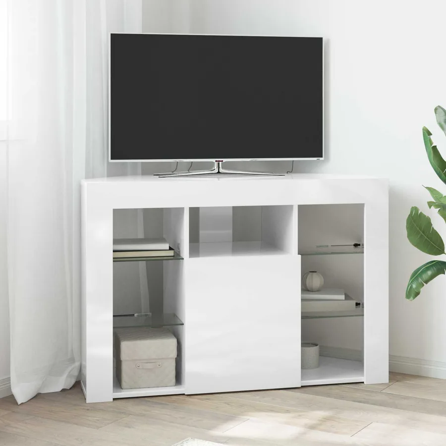 Meuble TV LED d'Angle Montage mural Blanc brillant 100x40x68cm