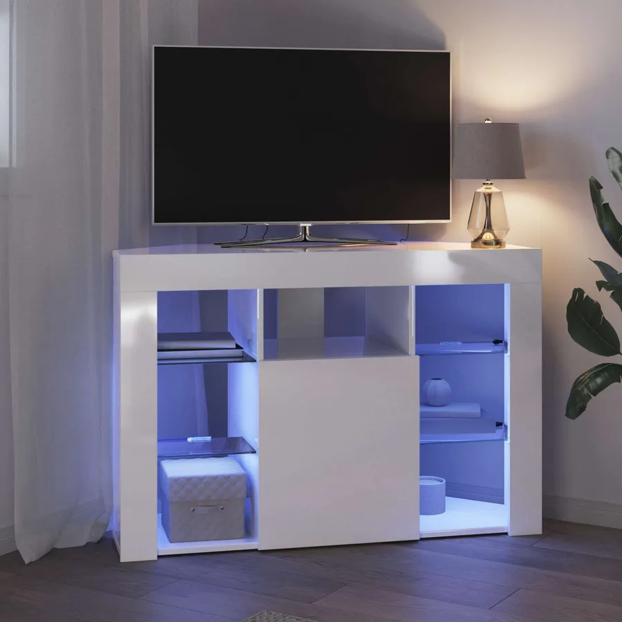 Meuble TV LED d'Angle Montage mural Blanc brillant 100x40x68cm - 5