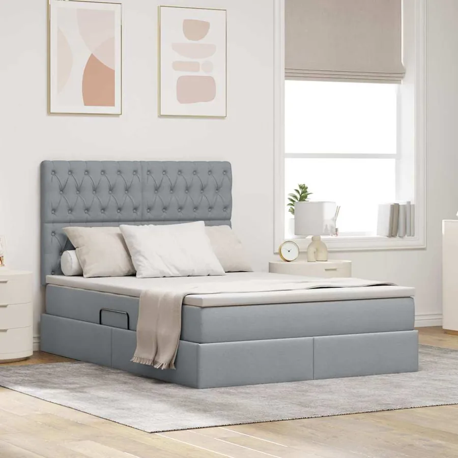 Lit de rangement LED avec matelas Gris clair 140 x 190 cm Tissu