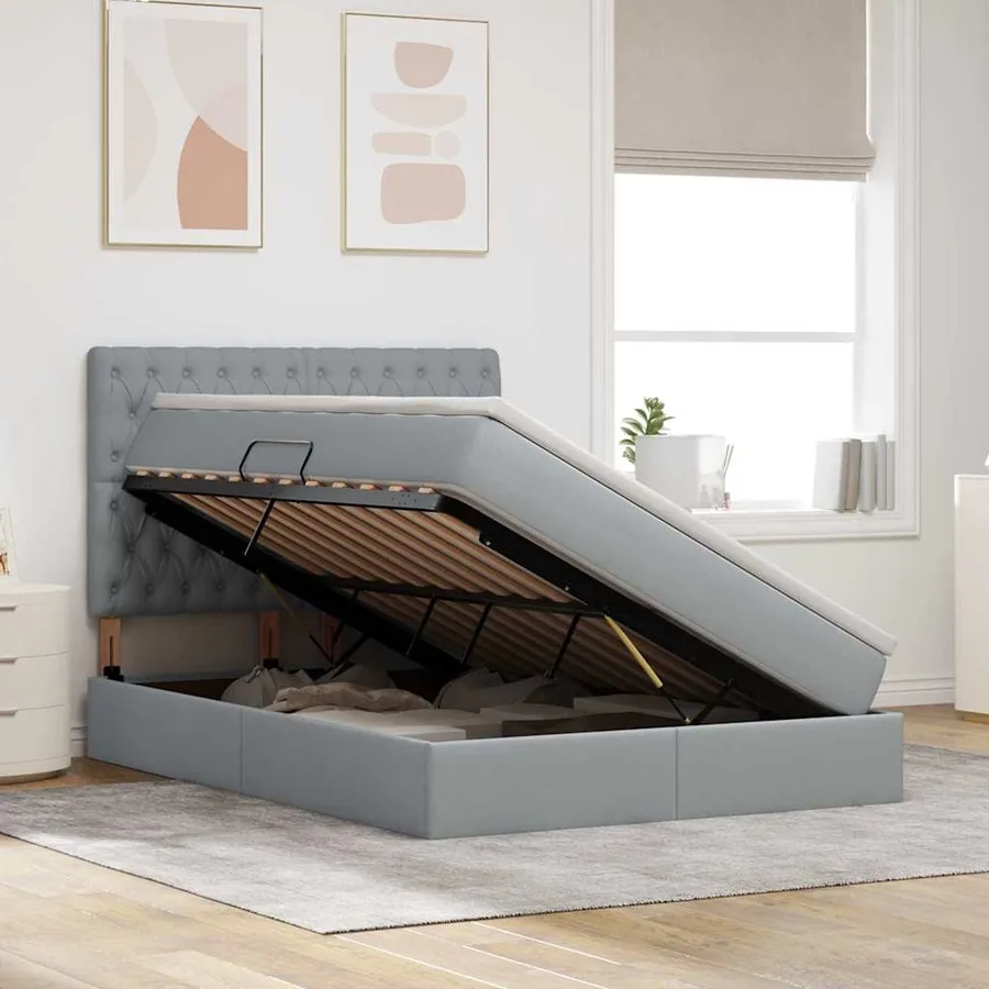 Lit avec rangement et matelas Gris clair 140 x 190 cm tissu - 4