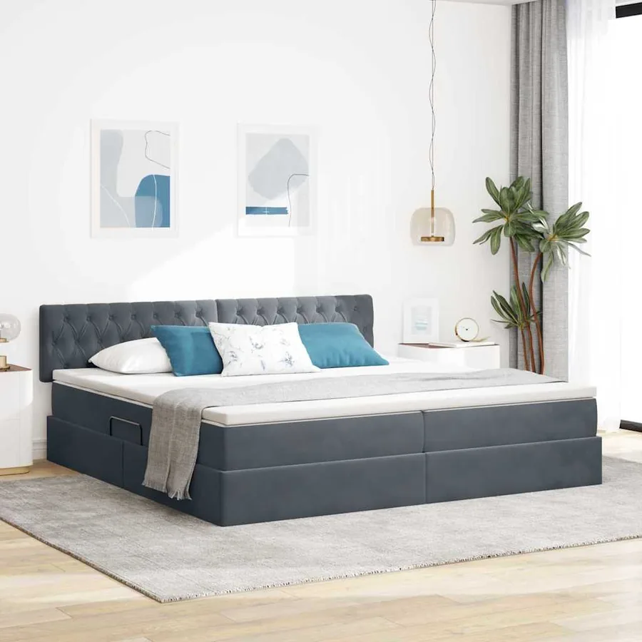 Lit de rangement LED avec matelas Gris foncé 200 x 200 cm