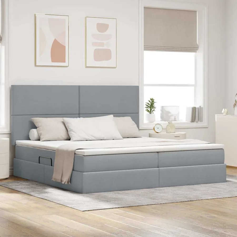 Lit avec rangement et matelas Gris clair 200 x 200 cm tissu