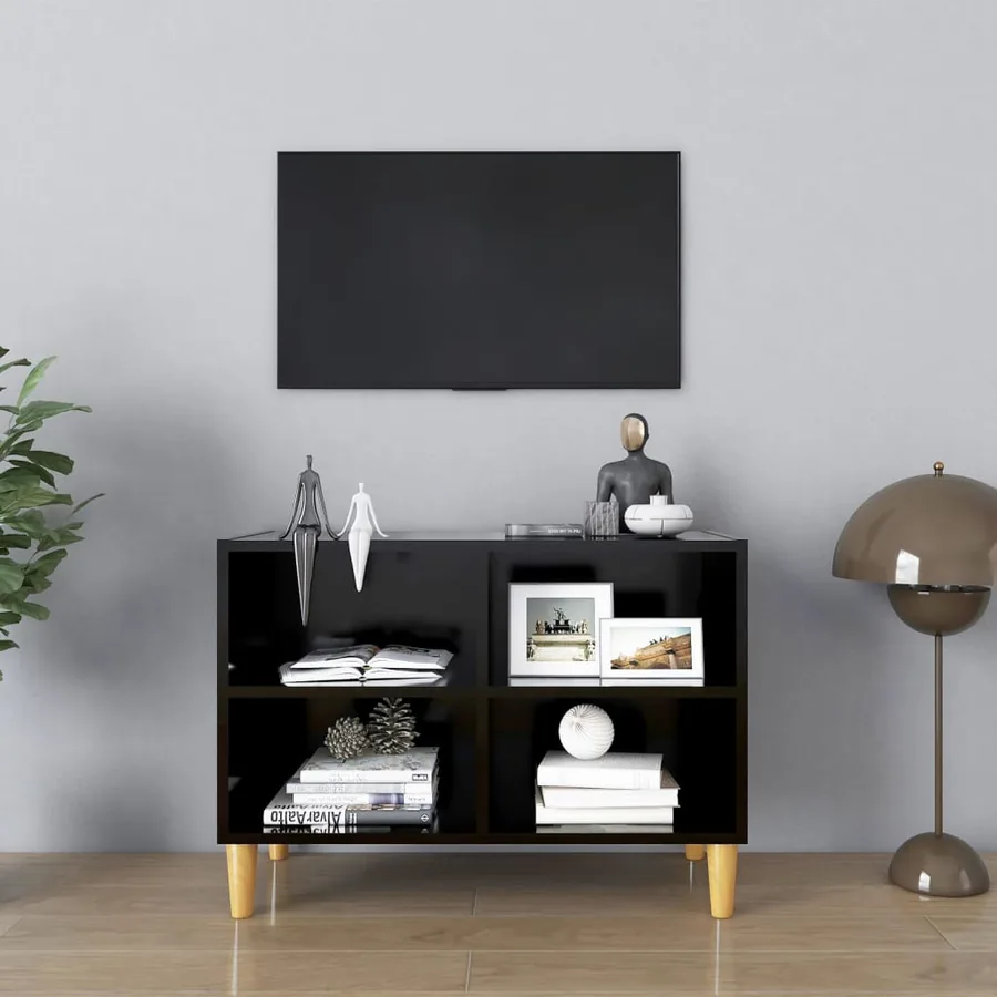 TV stand with solid wood legs Black 69.5x30x50 cm