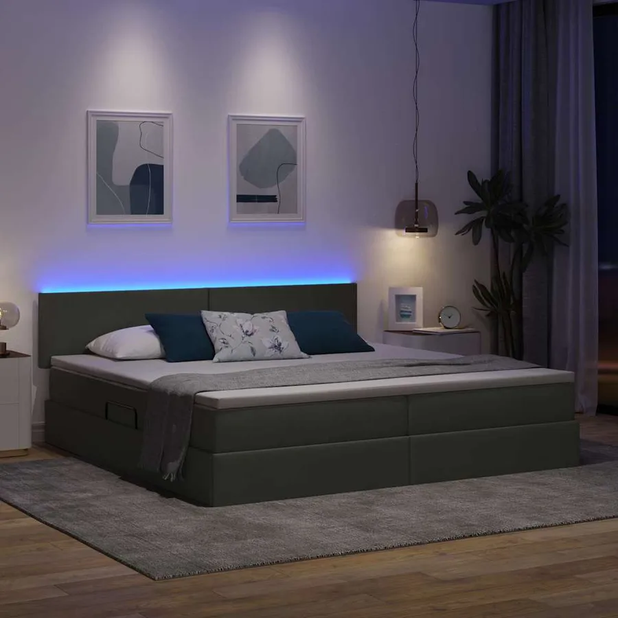Lit de rangement LED avec matelas Gris foncé 200 x 200 cm Tissu - 5