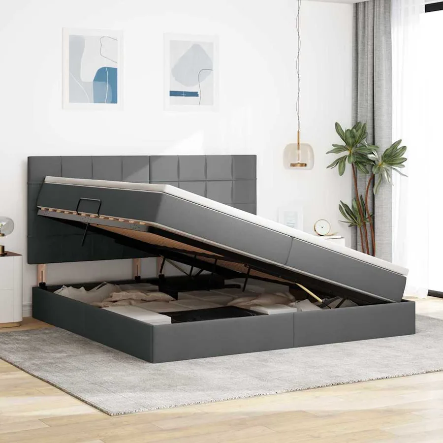 Lit avec rangement et matelas Gris foncé 200 x 200 cm tissu - 4