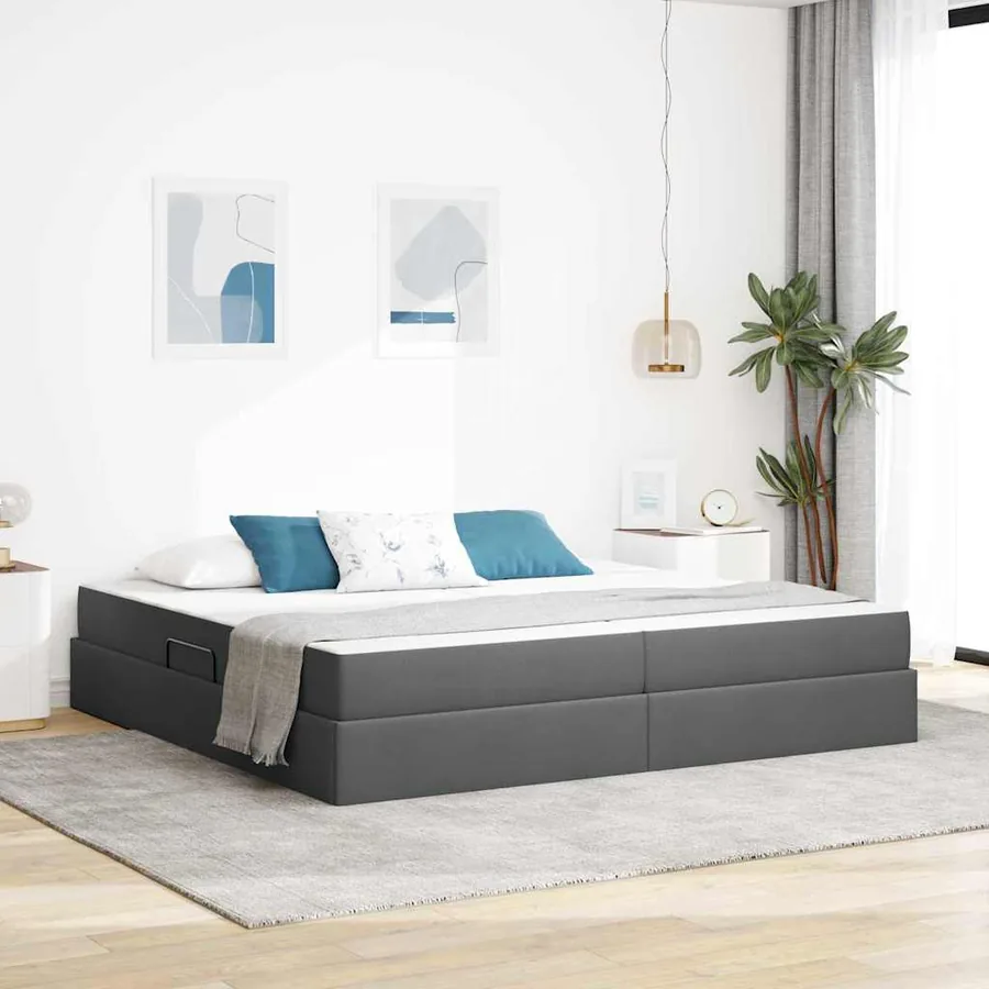Lit avec rangement et matelas Gris foncé 200 x 200 cm Polyester