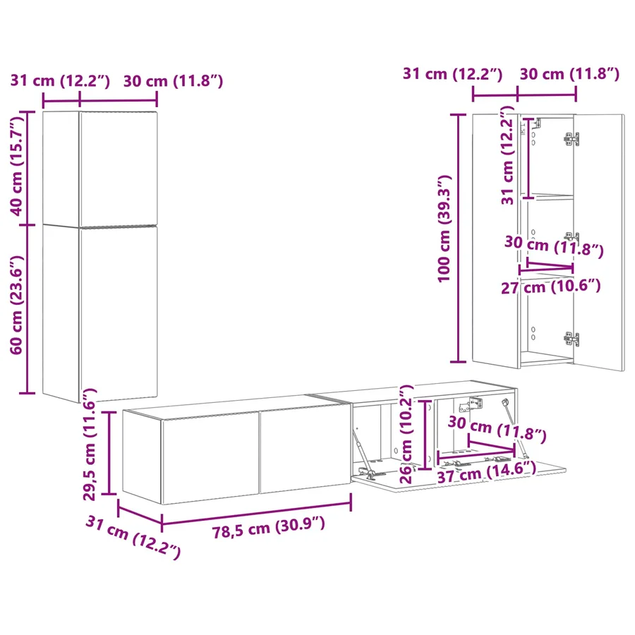 Ensemble meuble TV Montage mural 4 pcs Blanc Bois d'ingénierie - 17