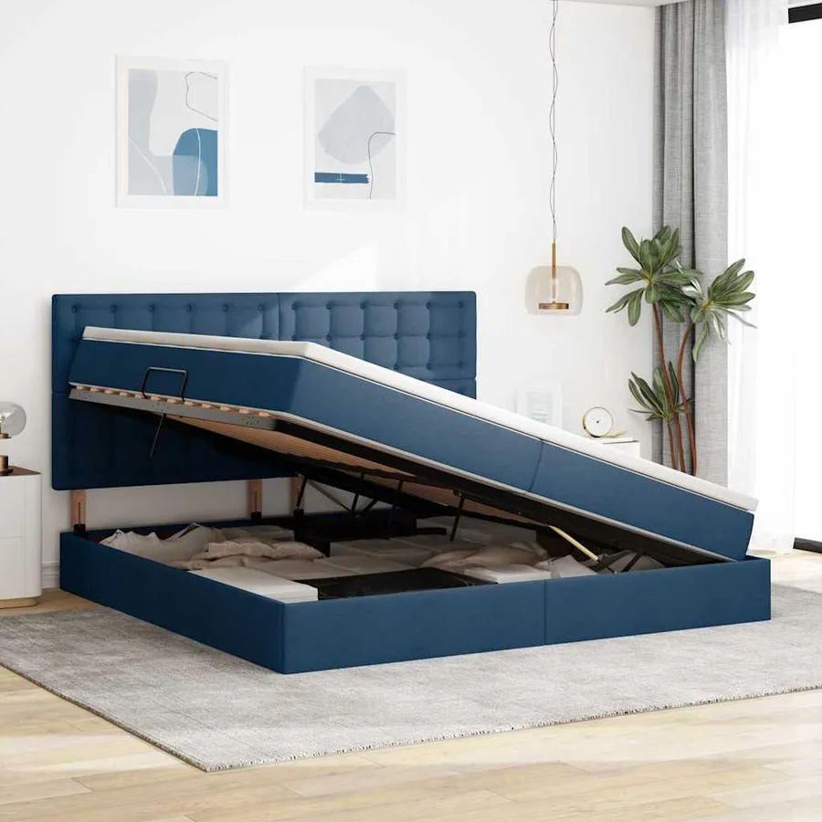 Lit avec rangement et matelas Bleu 200 x 200 cm tissu - 4