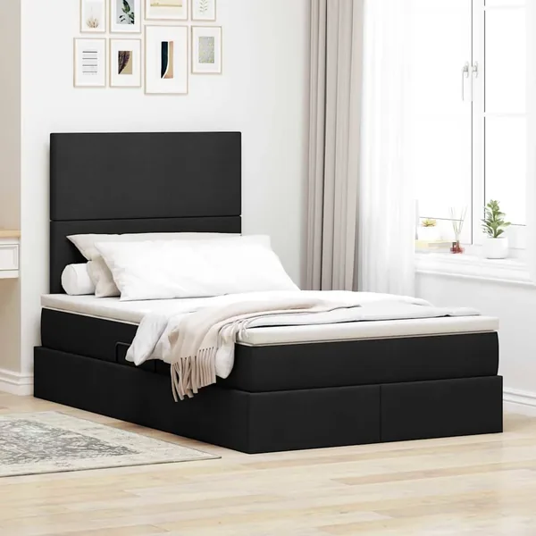 Lit avec rangement et matelas Noir 120 x 190 cm tissu
