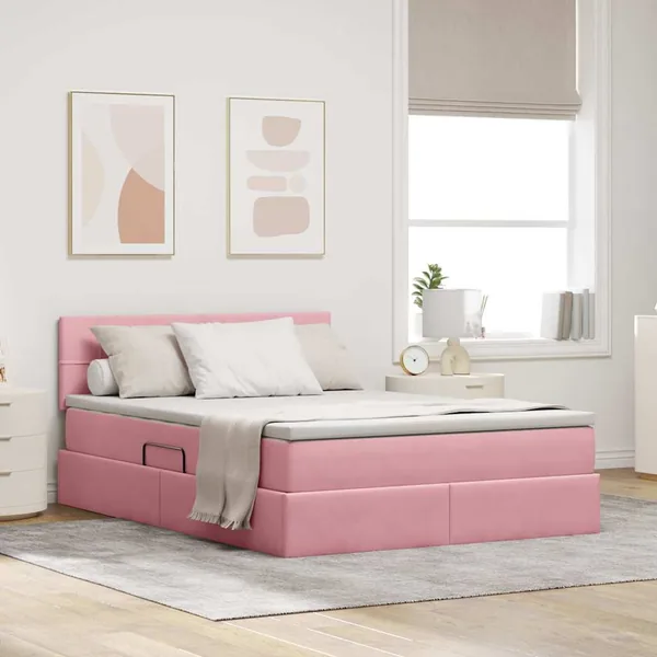 Lit de Rangement avec matelas Rose 140 x 190 cm Velours