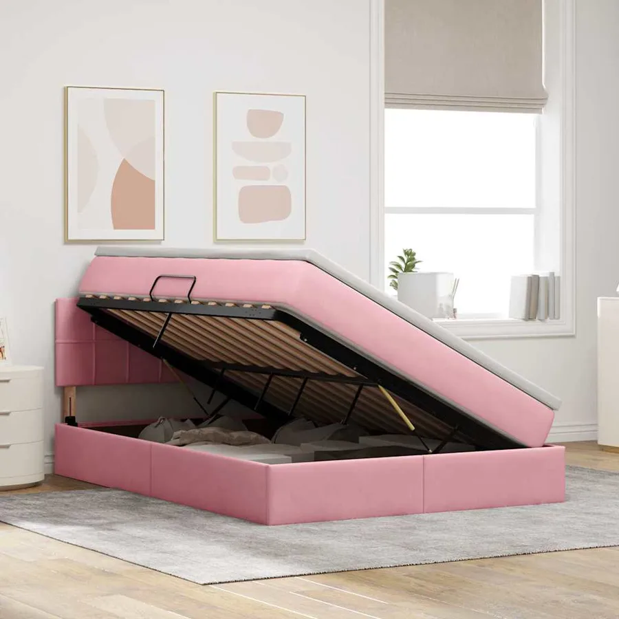 Lit de Rangement avec matelas Rose 140 x 190 cm Velours - 4
