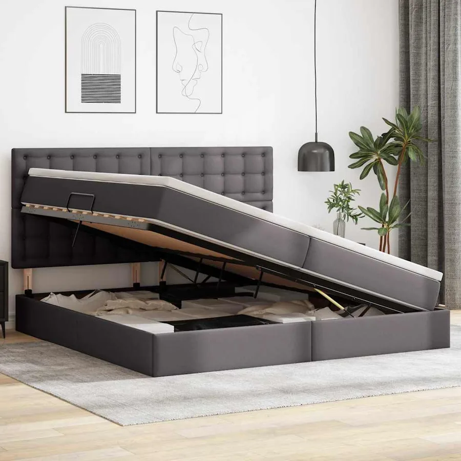 Lit avec rangement et LED Gris 200 x 200 cm Simili cuir - 4