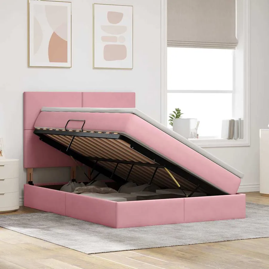 Lit de rangement LED avec matelas Rose 140 x 190 cm Velours - 4
