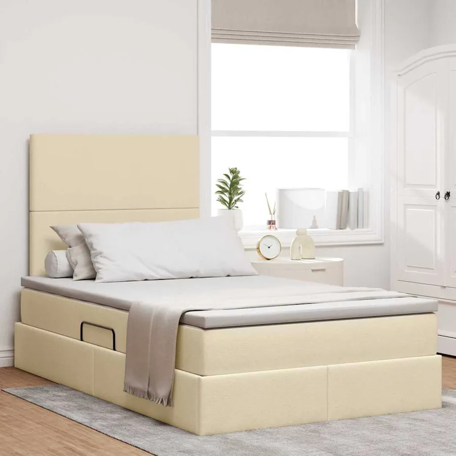 Lit avec rangement et matelas Crème 120 x 200 cm tissu