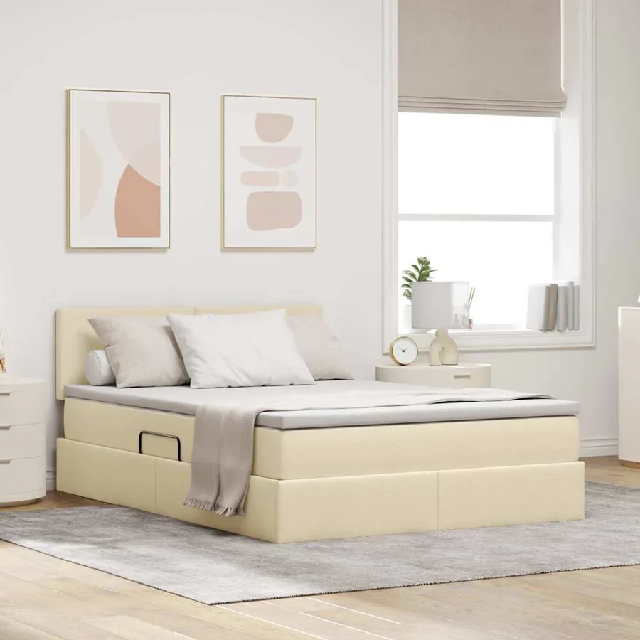 Lit de rangement LED avec matelas Crème 140 x 190 cm Tissu