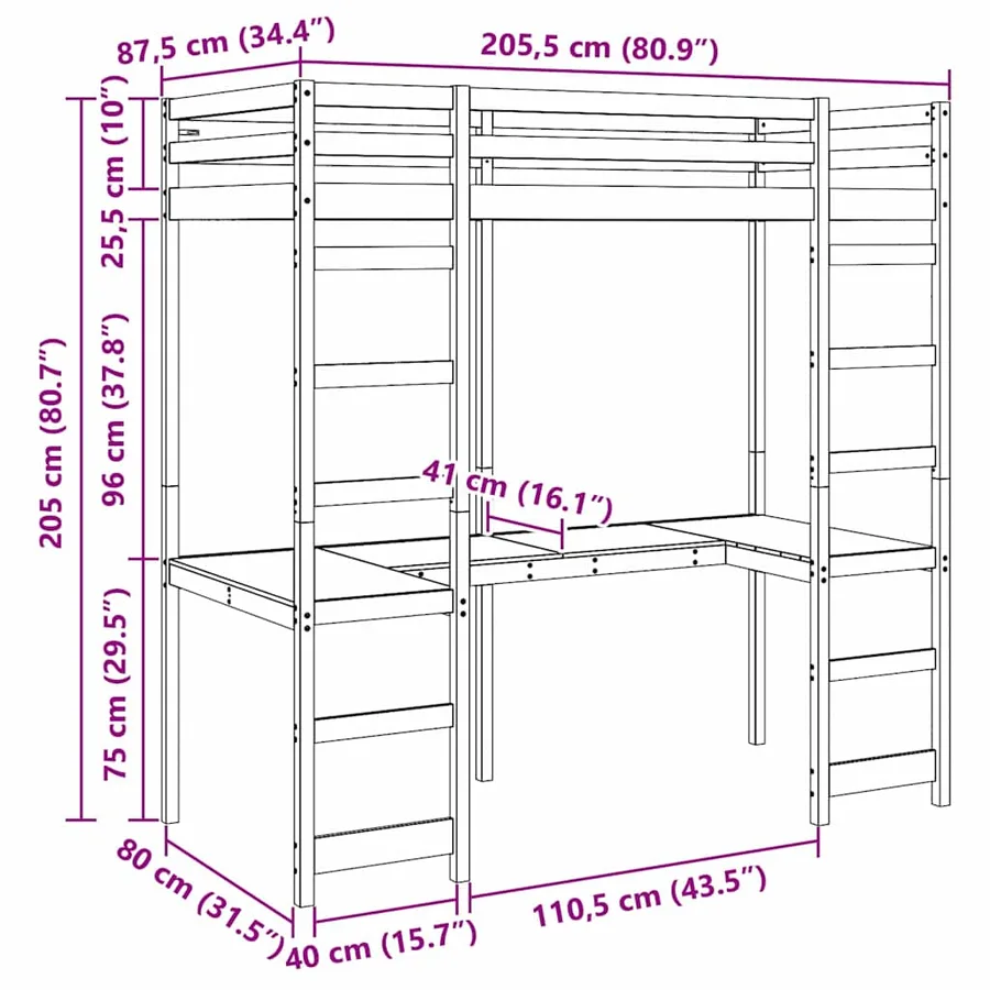 Cadre de lit mezzanine Blanc 80 x 200 cm Pin massif - 8