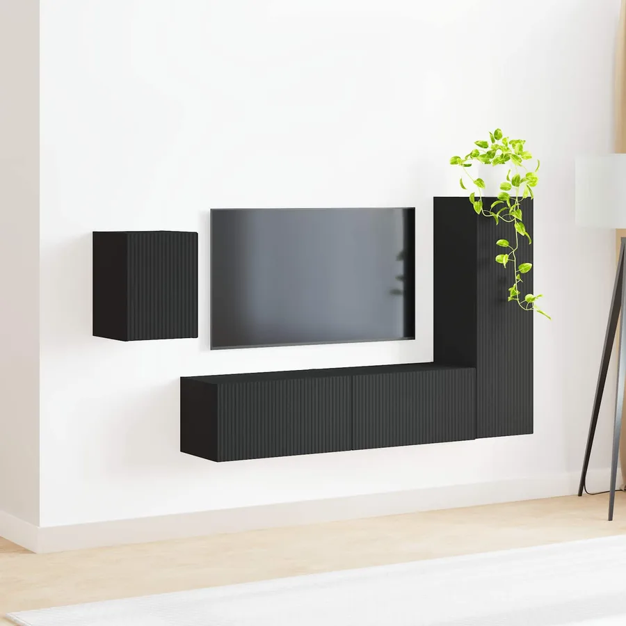 Ensemble meuble TV Montage mural 4 pcs Noir Bois d'ingénierie - 4