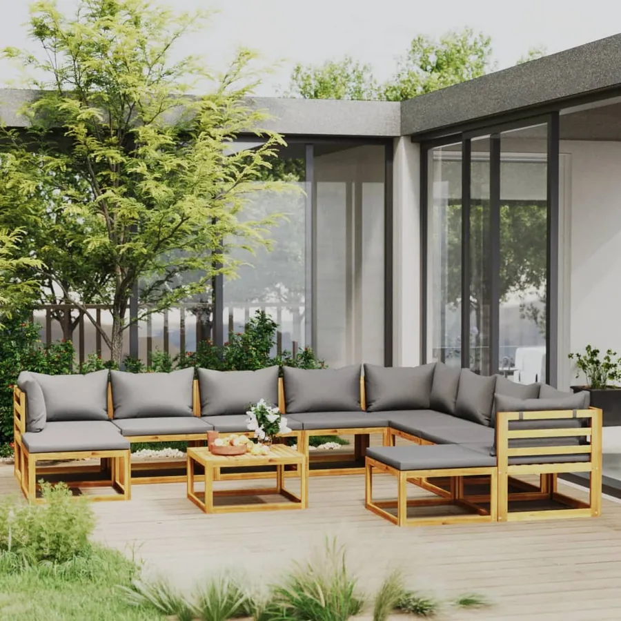 Salon de jardin 11 pcs avec coussin Bois d'acacia solide