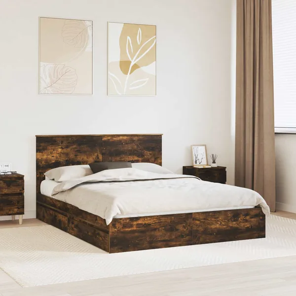 Lit de Rangement Chêne fumé 150 x 200 cm Bois d'ingénierie