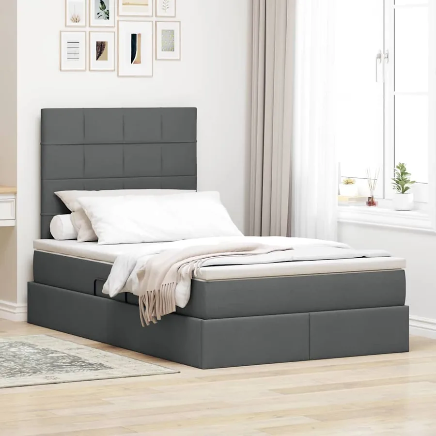 Lit de rangement LED avec matelas Gris foncé 120 x 200 cm Tissu