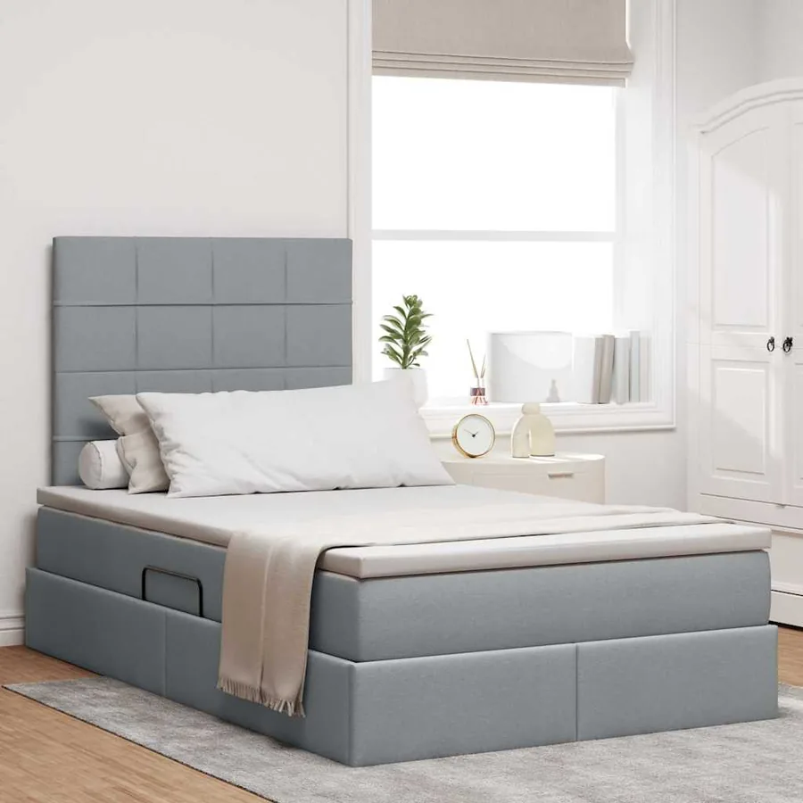 Lit avec rangement et matelas Gris clair 120 x 190 cm tissu