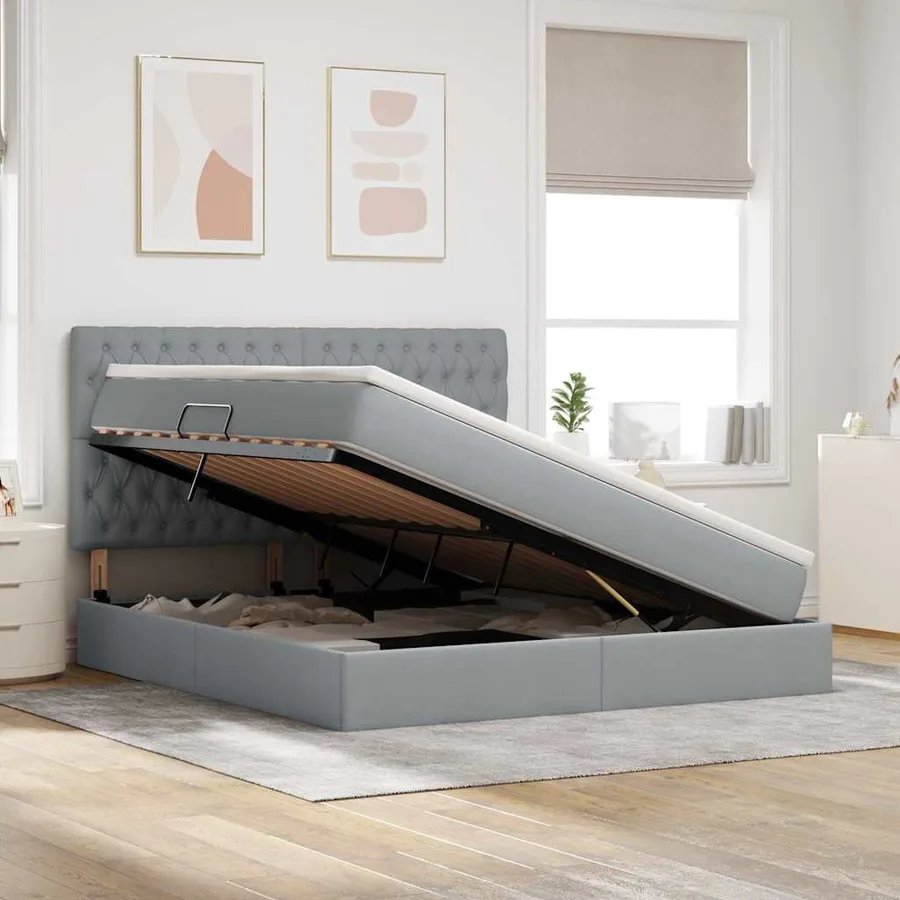 Lit de rangement LED avec matelas Gris clair 160 x 200 cm Tissu - 4