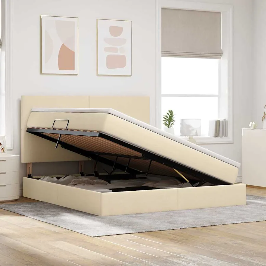 Lit de rangement LED avec matelas Crème 160 x 200 cm Tissu - 4