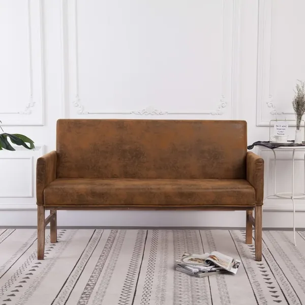 Bench with armrest 140 cm Brown Faux suede leather