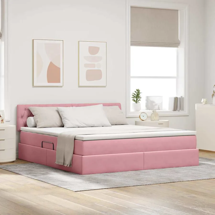 Lit de Rangement avec matelas Rose 160 x 200 cm Velours