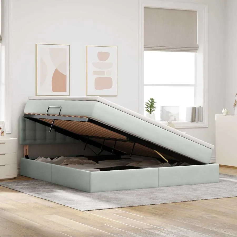 Lit de Rangement avec matelas Gris clair 160 x 200 cm Velours - 4