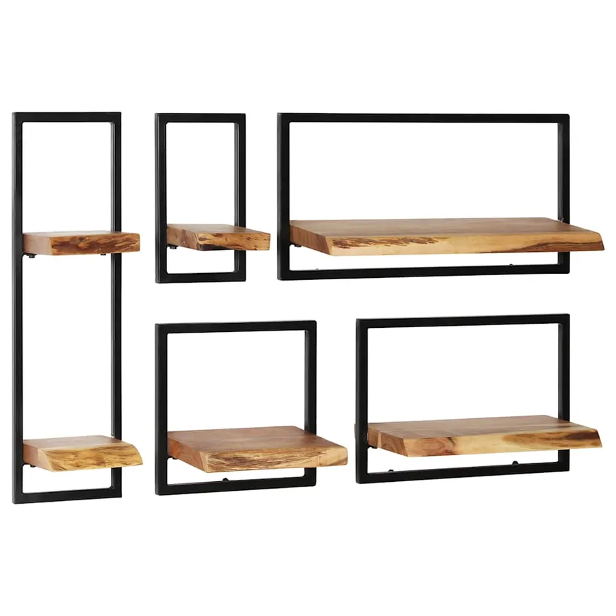 Wall shelf set 5 pcs Solid acacia wood and steel