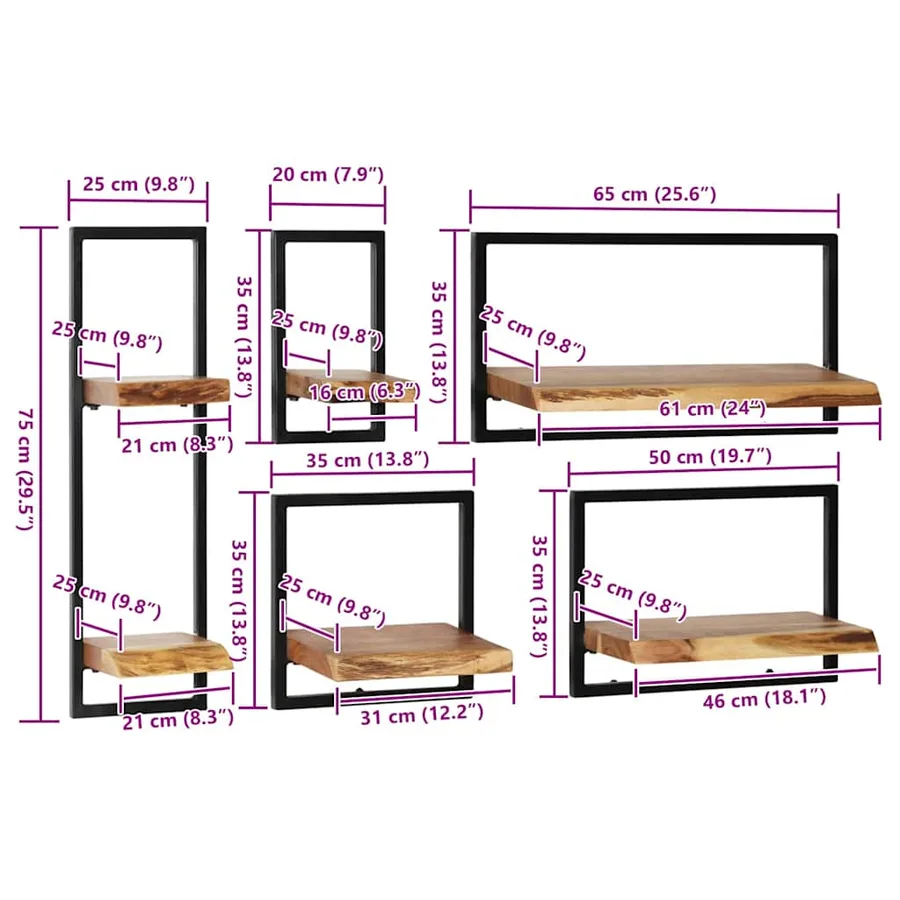 Wall shelf set 5 pcs Solid acacia wood and steel - 9