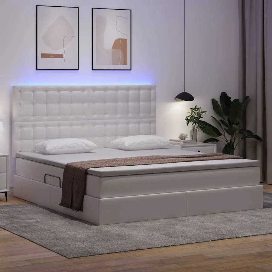 Lit avec rangement et LED Blanc pur 160 x 200 cm Simili cuir - 5