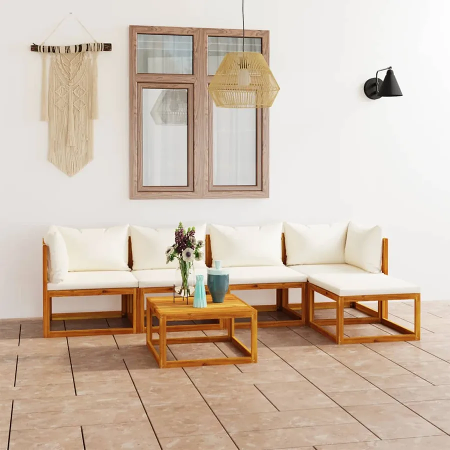 Salon de jardin 6 pcs avec coussin Crème Bois d'acacia solide