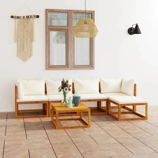 Salon de jardin 6 pcs avec coussin Crème Bois d'acacia solide