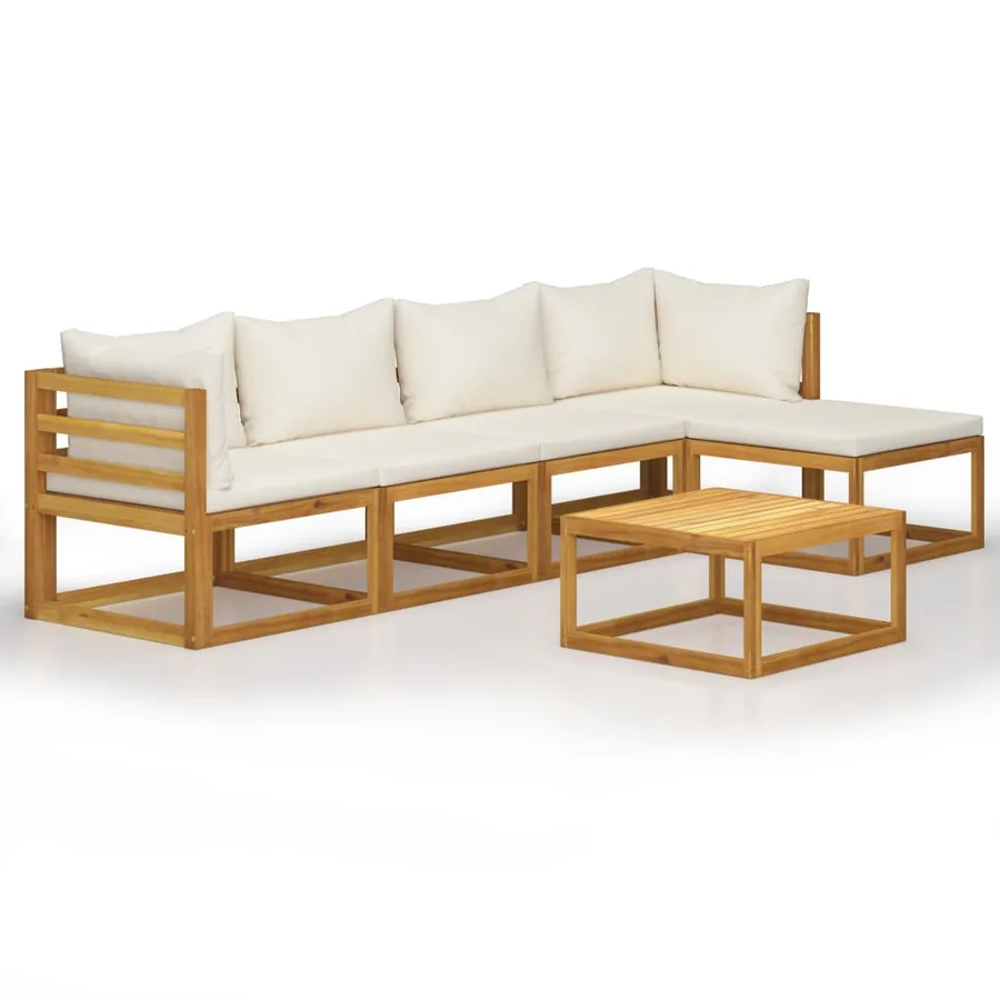 Salon de jardin 6 pcs avec coussin Crème Bois d'acacia solide - 2