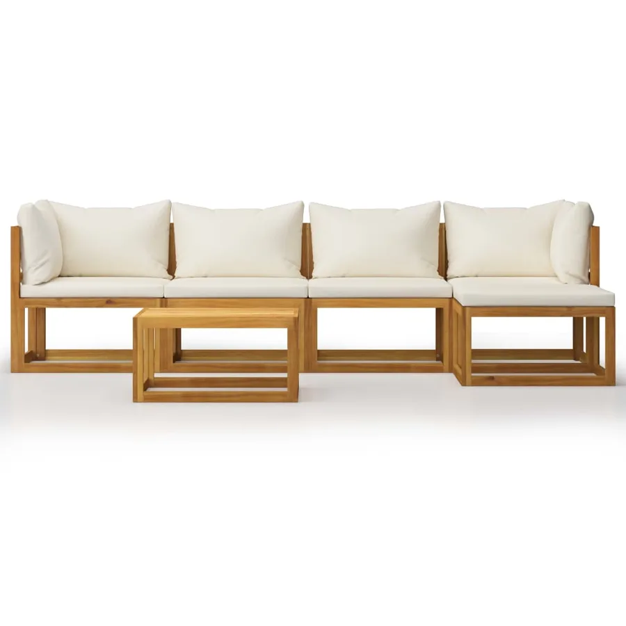 Salon de jardin 6 pcs avec coussin Crème Bois d'acacia solide - 3