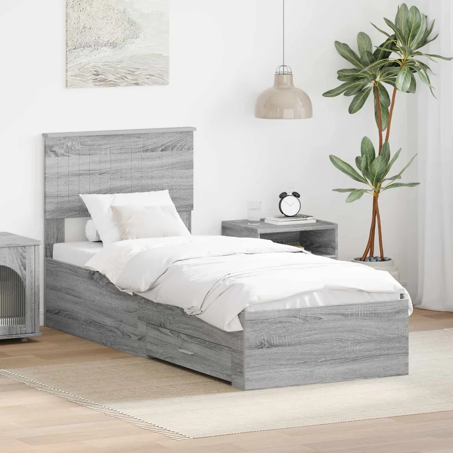 Cadre de lit avec tiroir Sonoma Gris et Argent 75 x 190 cm