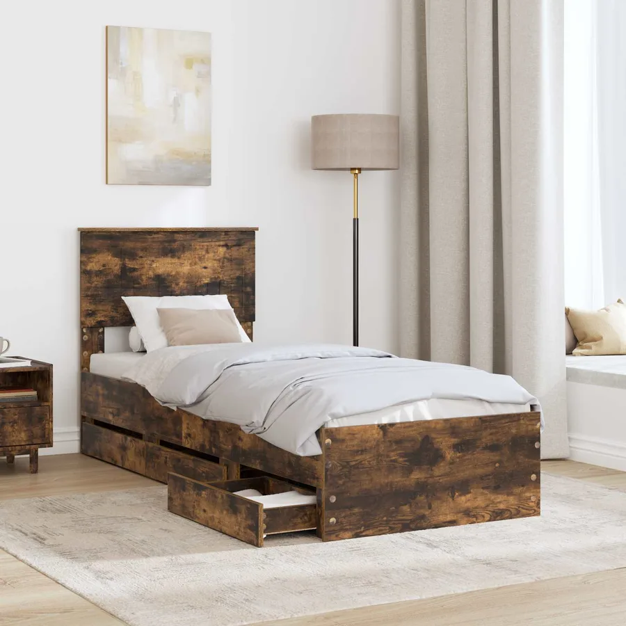 Cadre de lit avec tiroir Chêne fumé 75 x 190 cm Bois Ingénierie - 3