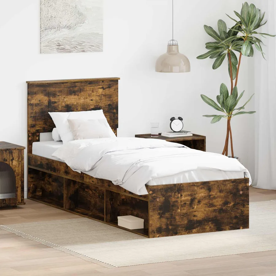 Cadre de lit avec tête de lit Chêne fumé 75 x 190 cm Pin massif