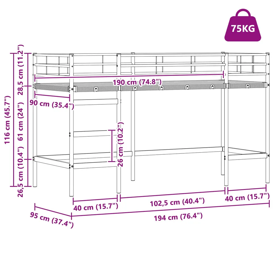 Lit mezzanine pour enfants Noir 90 x 190 cm Métал - 16