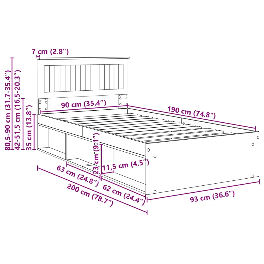 Cadre de lit Gris Sonoma 90 x 190 cm Pin massif - 13