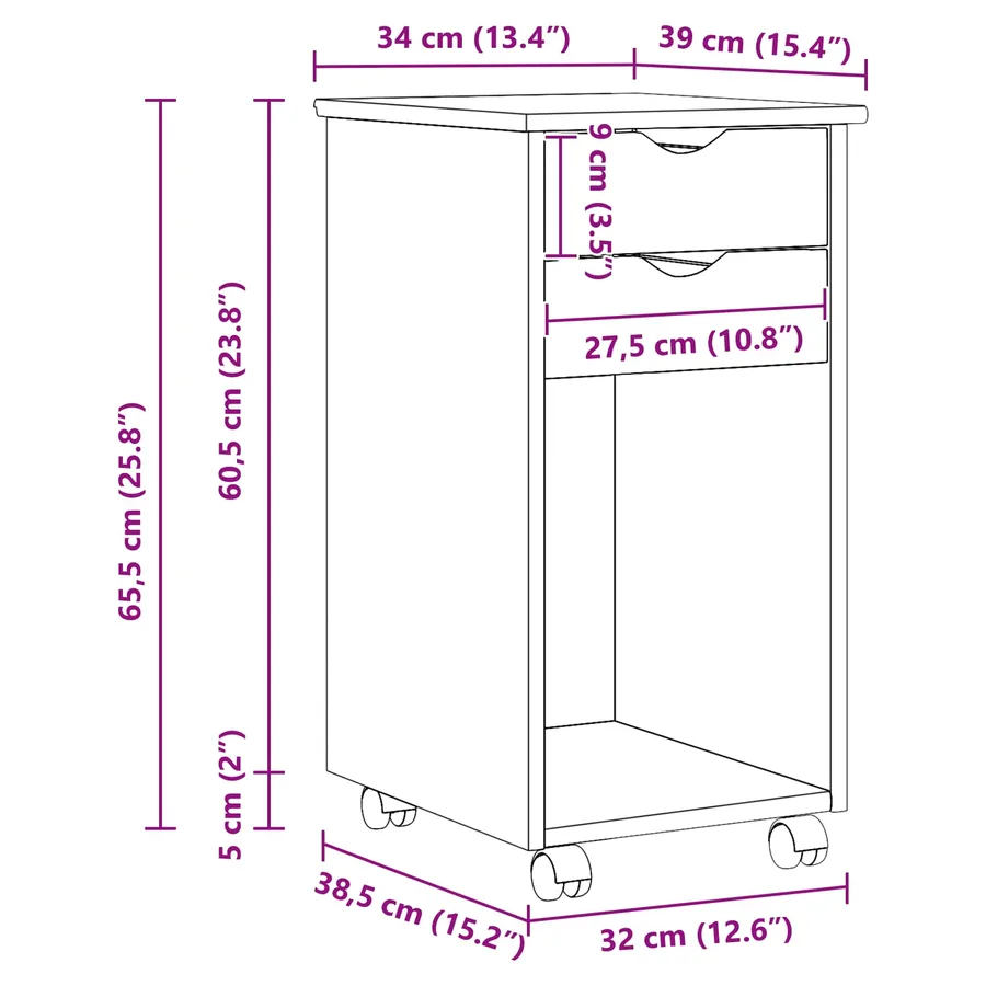 Cabinet roulant Blanc 34 x 39 x 65,5 cm Pin massif - 8